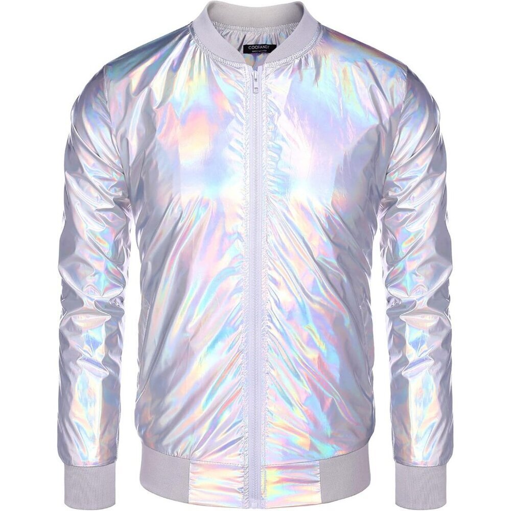 Men's Multicolor Shiny Fabric Varsity Bomber Jacket Metallic Style Zipper Shirts